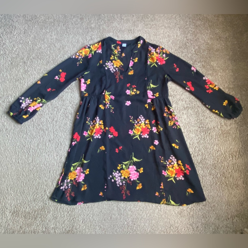 Floral black Old Navy dress with black slip, medium